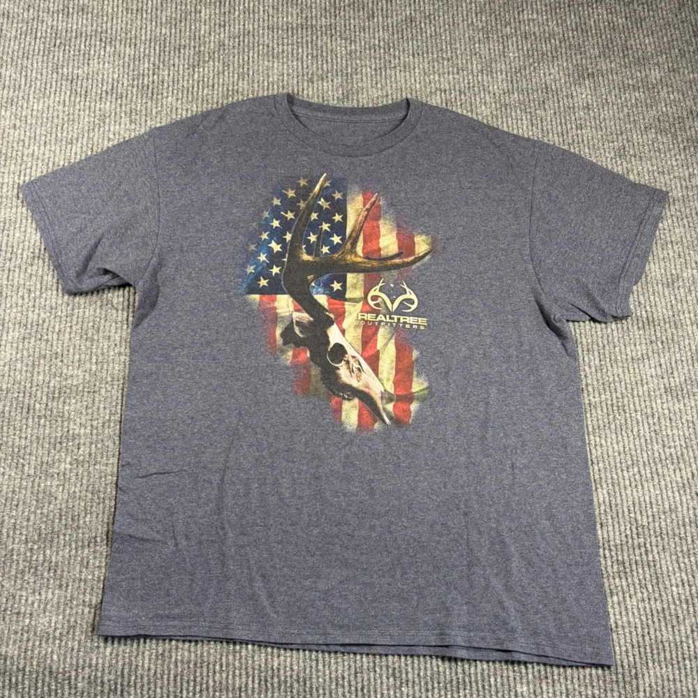 Realtree Outfitters Shirt Mens L Blue Heather Deer Skull‎ American Flag Graphic